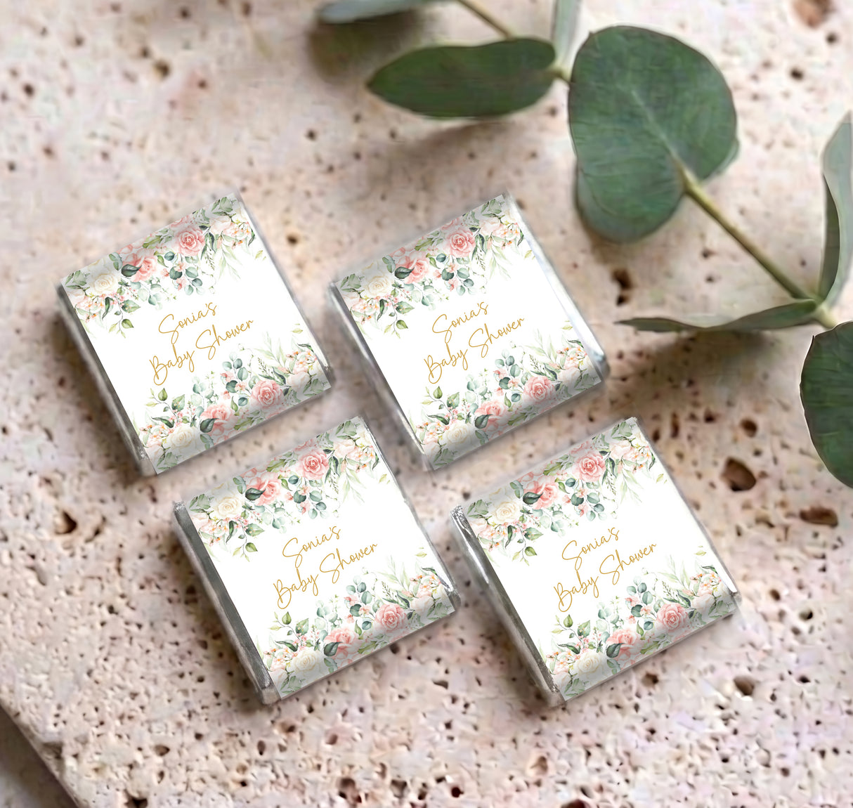 Set of personalised baby shower mini chocolate boxes, floral pink roses, green leaves