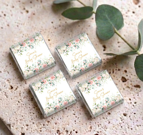 Set of personalised baby shower mini chocolate boxes, floral pink roses, green leaves