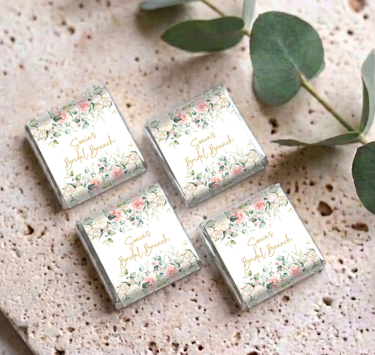 Mini chocolate boxes set of four with floral rose wrap and 'Bridal Branch' text