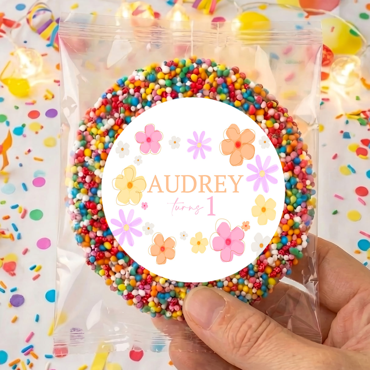 Personalised first birthday sprinkle mix in clear bag with round name label and flowers