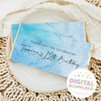 Watercolor wedding edit chocolate bar wrapper, blue marble design with “Thank you” text.