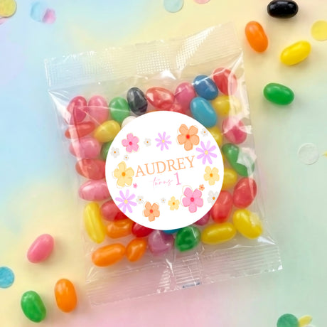 Personalised jelly bean bag with clear pouch and round daisy label reading AUDREY 1