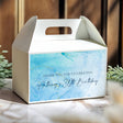 White gable favour box with blue print: Thank you for celebrating Anthony’s 30th Birthday