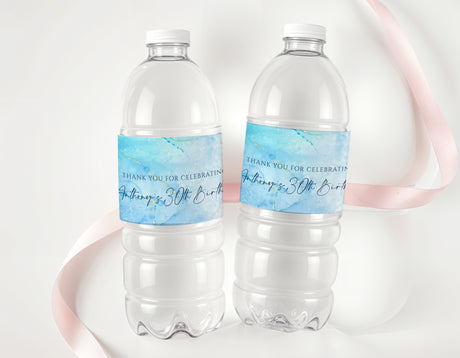 Personalised 30th birthday water bottle labels with blue thank-you text