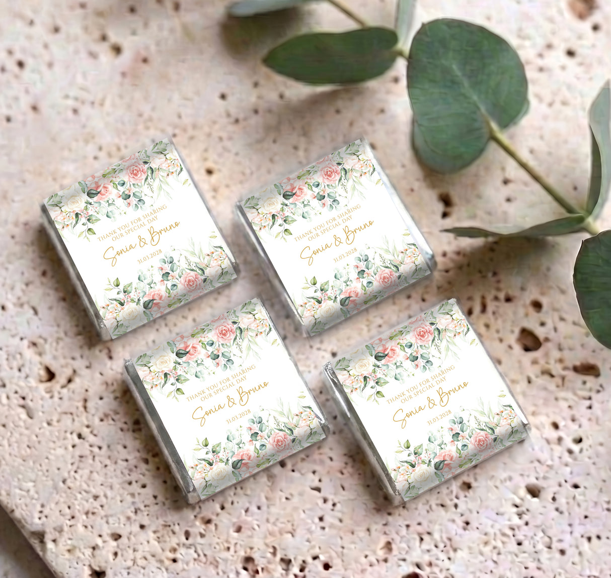 Set of 4 pink rose floral mini chocolate wrappers with personalized names on cream card