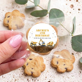 Personalised round birthday cookie with printed tractor label in clear wrapper, with choc chips.