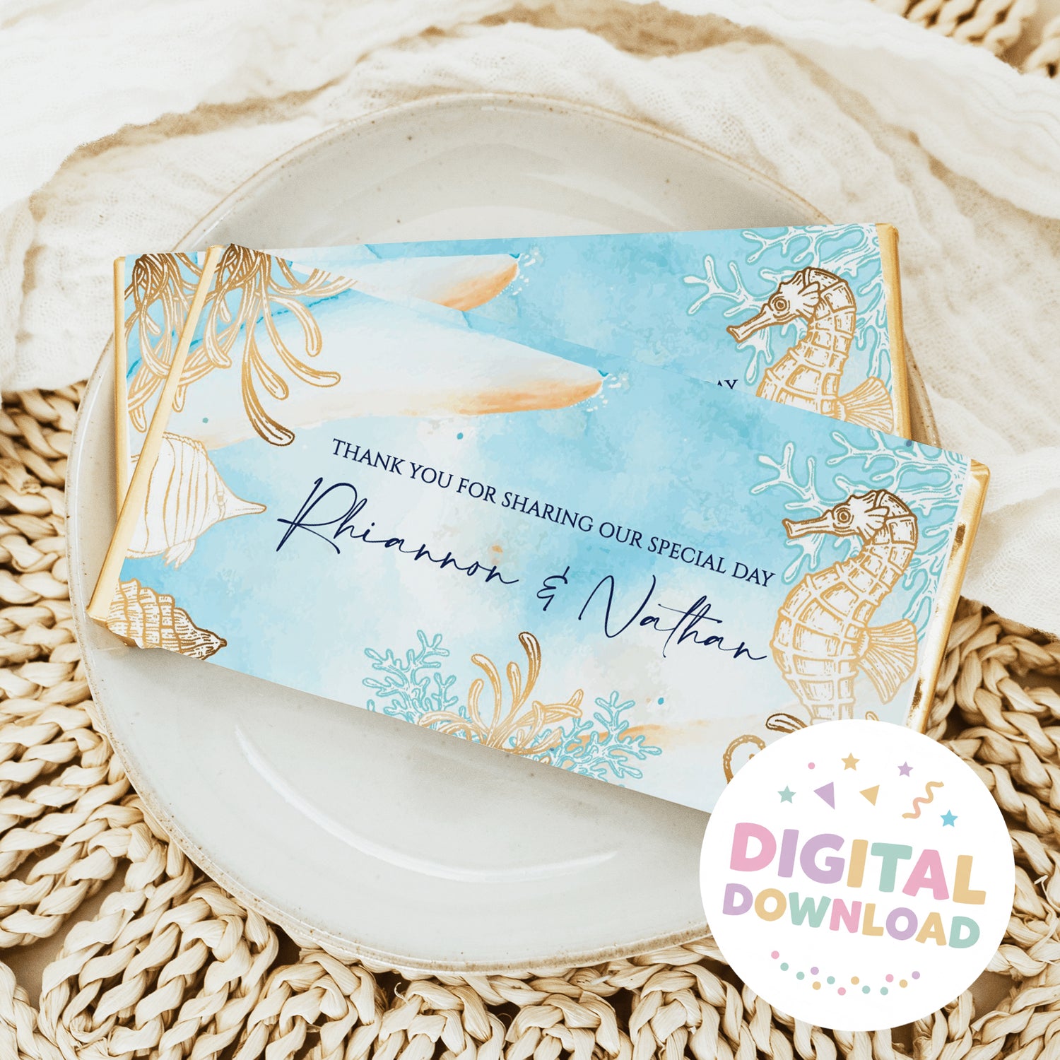 Ocean-themed chocolate bar wrapper in blue and gold watercolor, with sea life and thank-you text