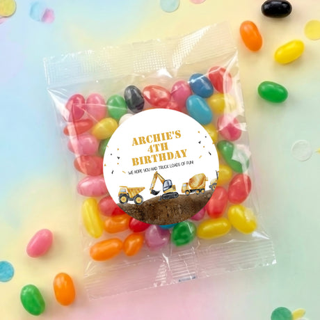 Personalised jelly bean bag with clear wrapper, colorful beans, round birthday label
