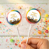 Personalised lollipops with ARCHIE'S BIRTHDAY truck labels, two multicolor-ring sticks