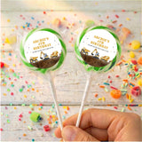 Personalised lollipops with ARCHIE'S BIRTHDAY truck labels, two green-ring sticks