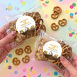 Personalised construction-themed pretzel bag with circular birthday label and pretzels