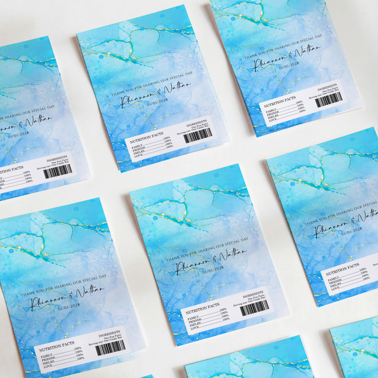 Blue marble printed chocolate wrapper sheets with barcode and nutrition label panels