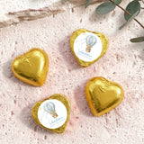 Gold foil-covered heart chocolates with hot air balloon label, personalised