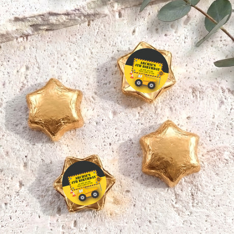 Personalised foil chocolate star with “Archie’s 4th Birthday” label, gold foil