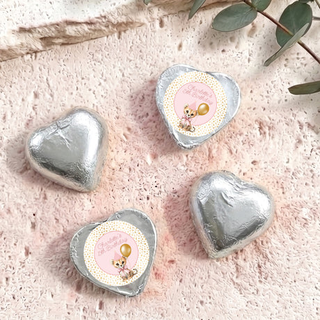 Silver foil heart chocolate candies with round personalised bunny birthday labels