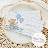 First birthday chocolate bar wrapper with teddy bear, blue balloons, and “Jackson” text