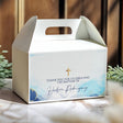 Personalised gable favor box with blue marble print, gold cross, thank you message