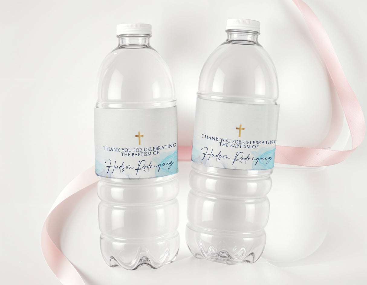 Personalised baptism water bottle labels for blue marble design, gold cross and name
