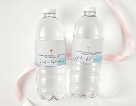Baptism water bottle labels on two clear bottles, blue cross and thank-you text