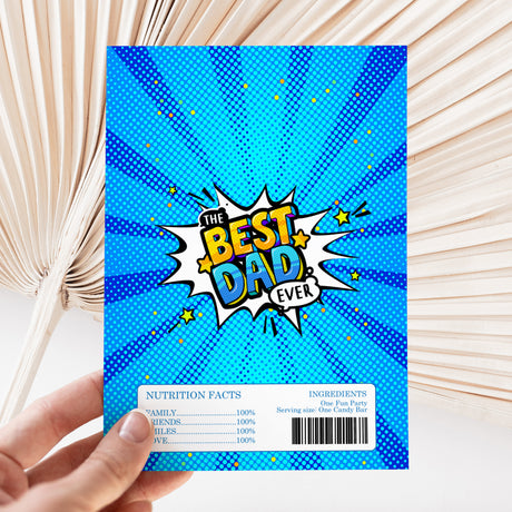 Blue DIY chocolate wrapper with 'Best Dad Ever' comic text and nutrition barcode