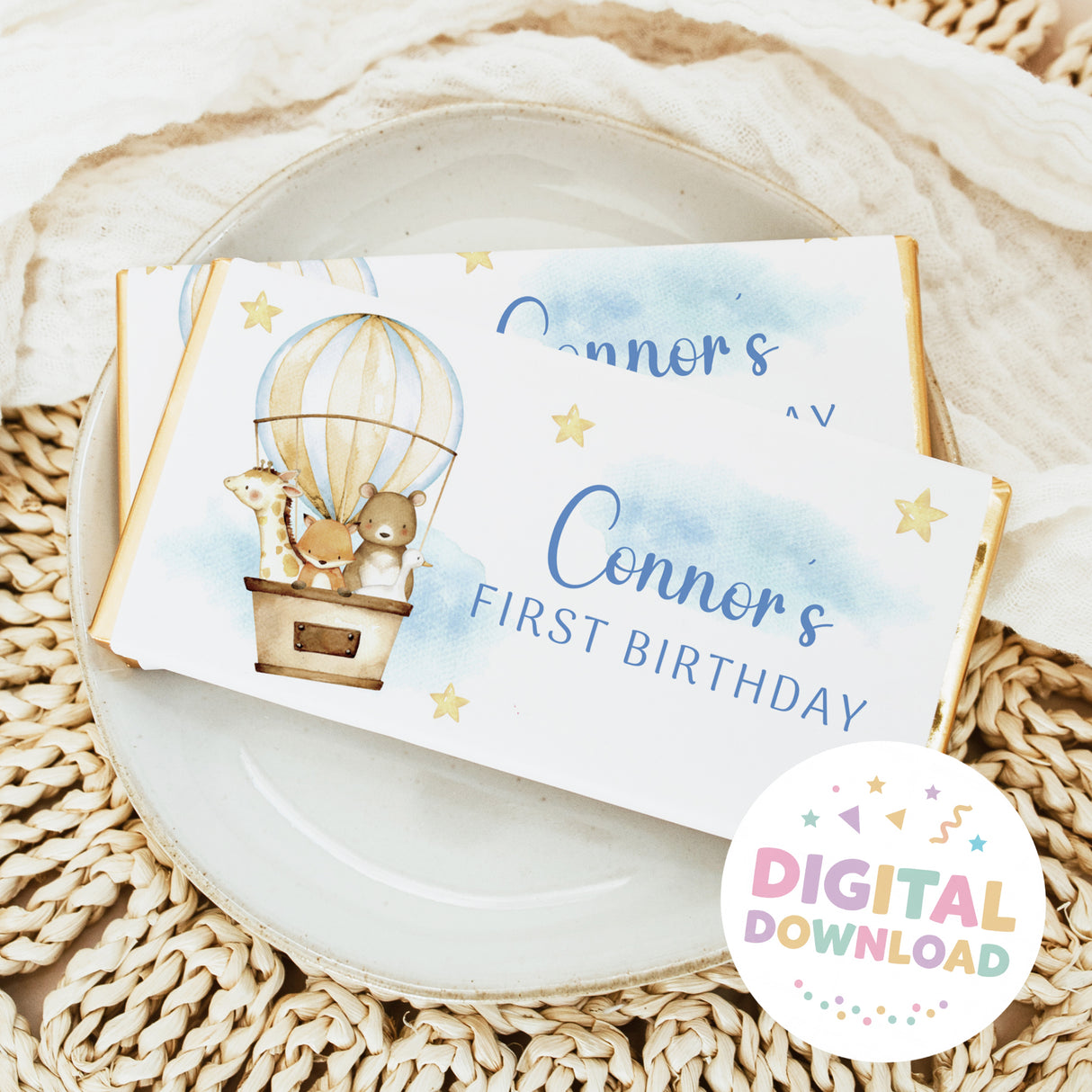 Chocolate bar wrapper for first birthday with hot air balloon animals and Digital Download badge