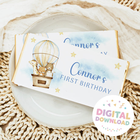 Chocolate bar wrapper for first birthday with hot air balloon animals and Digital Download badge