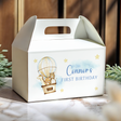 Personalised gable favour box with white hot air balloon animal illustration and Connor's birthday