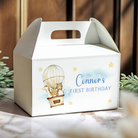 Personalised gable favour box with white hot air balloon animal illustration and Connor's birthday