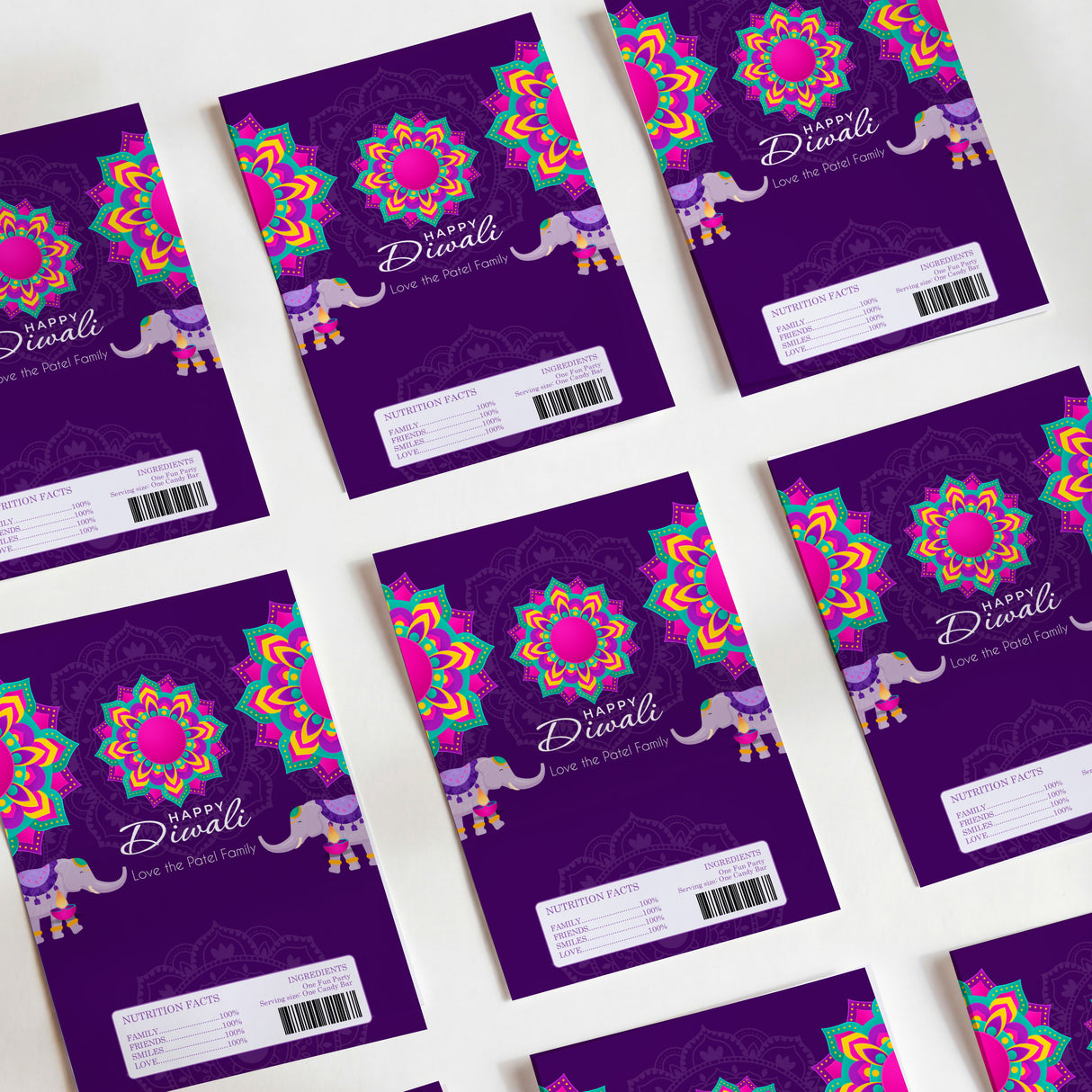 Purple Diwali elephant design chocolate wrapper DIY sheets with floral pattern, text, and barcode