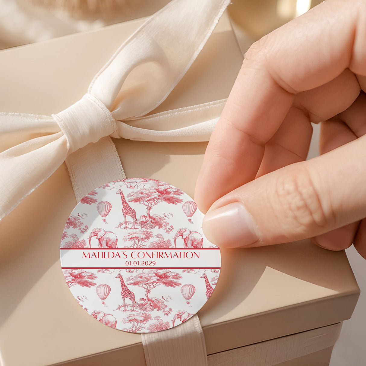 Red Safari Toile Confirmation Round Printed Labels