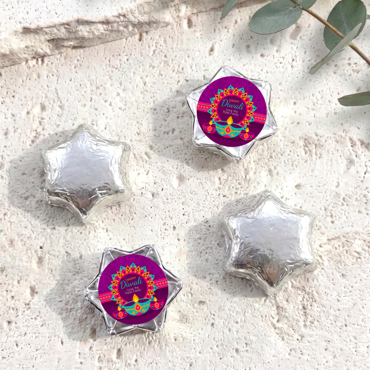 Vibrant Purple Diwali Personalised Foil Covered Chocolate Stars