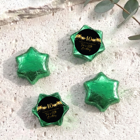 40th birthday foil-covered chocolate stars, green with black personalized 40 card topper