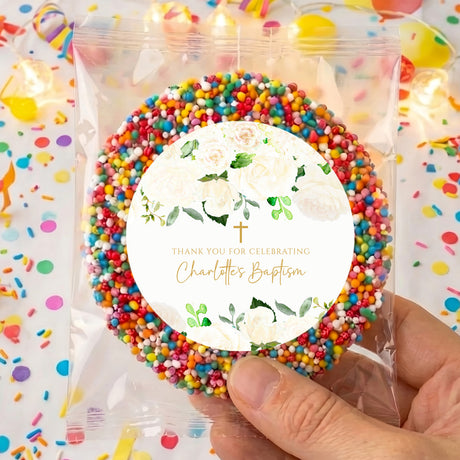Personalized christening freckles bag with multicolor sprinkles and circular label