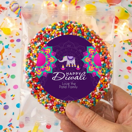 Personalised Diwali giant freckles gift pouch with colorful bead rim and purple round label