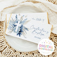 Boho chocolate bar wrapper with blue floral cross and handwritten blue text, digital download badge