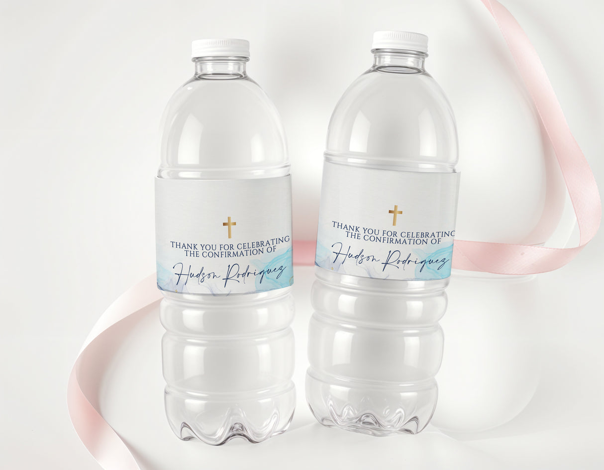 Confirmation water bottle labels on two clear bottles with gold cross and names