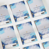 Set of blue marbled confirmation DIY printed chocolate wrappers with cross and label text