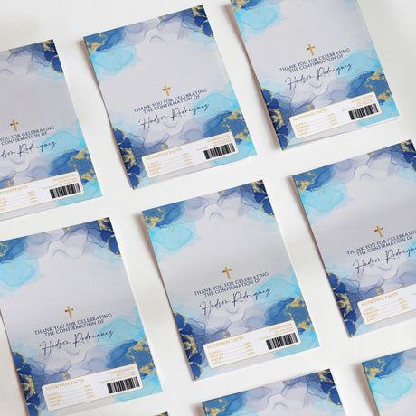 Set of blue marbled confirmation DIY printed chocolate wrappers with cross and label text