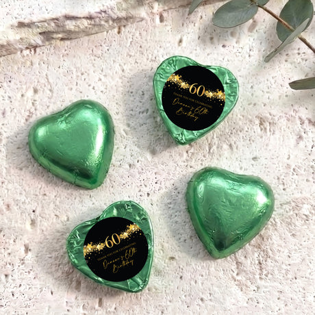 Green foil chocolate hearts with black 60 birthday topper, heart shape
