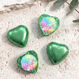Green foil heart chocolates; two feature tie-dye personalized print