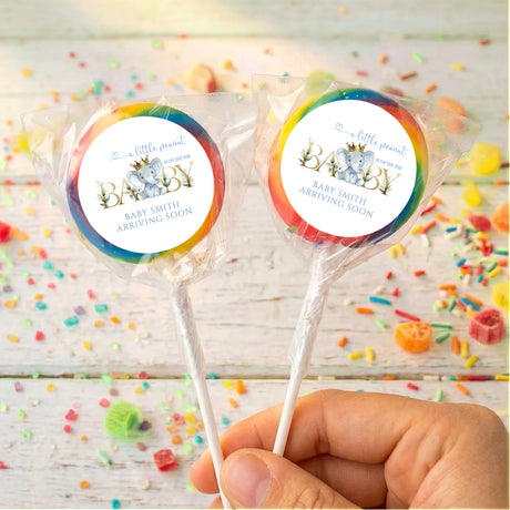 Baby shower lollipop pair with round blue-edged baby arrival labels