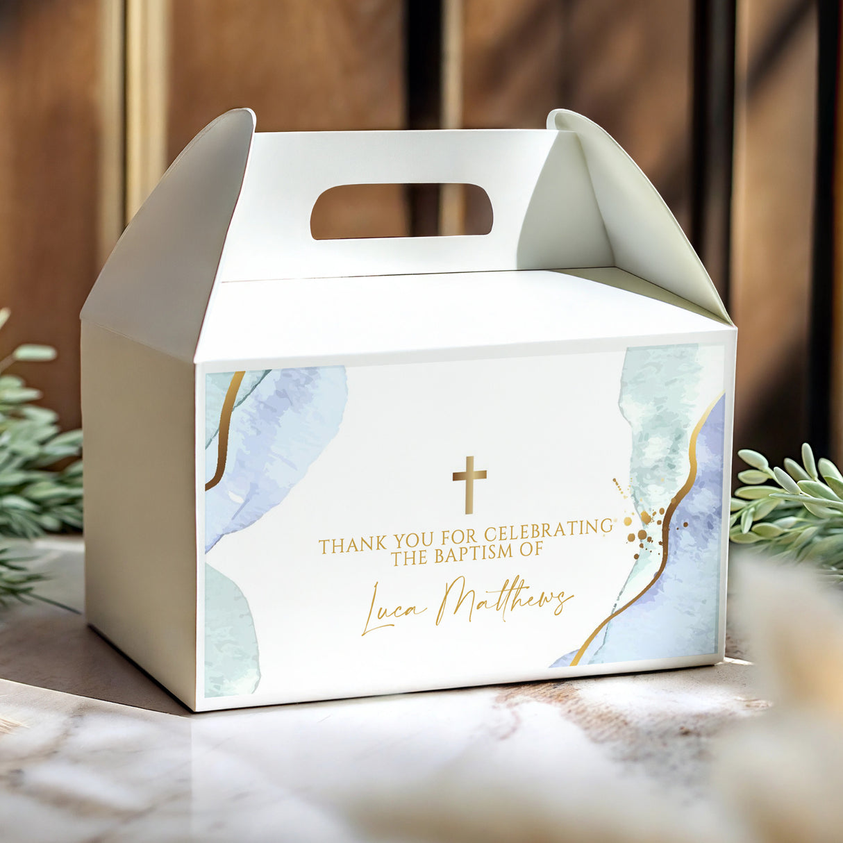 Blue watercolour gable favour box with gold cross, 'Thank you' and personalised name