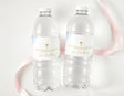 Blue watercolor baptism bottle labels with gold cross and personalised name text