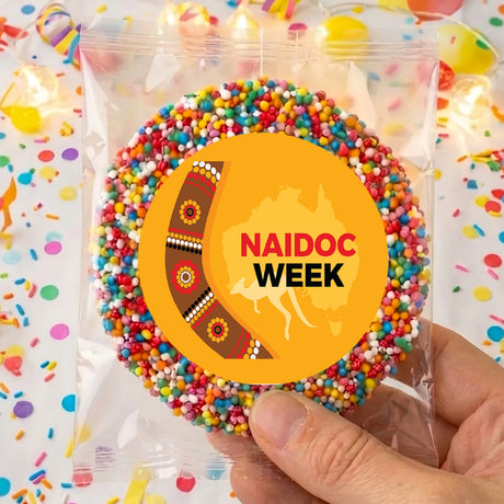 Personalised giant freckles beaded ring in clear pouch with orange circle label