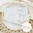 First birthday chocolate bar wrapper, blue checks with bunnies, balloon and 'ONE' text