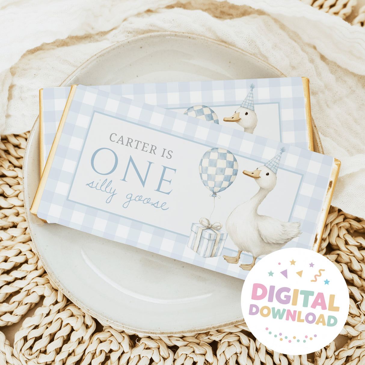 First birthday chocolate bar wrapper, blue checks with bunnies, balloon and 'ONE' text