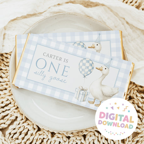 First birthday chocolate bar wrapper, blue checks with bunnies, balloon and 'ONE' text