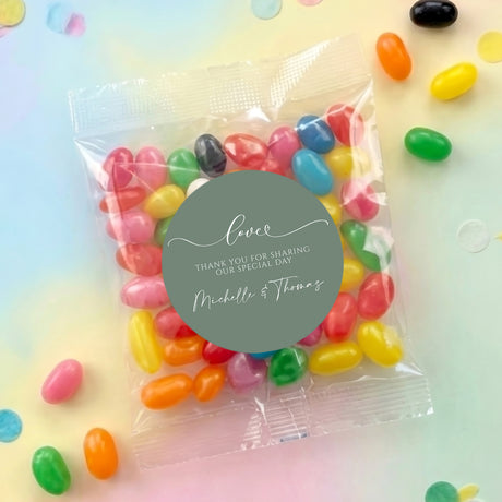 Personalised jelly bean bag with round sage green label reading Love and Thank you message