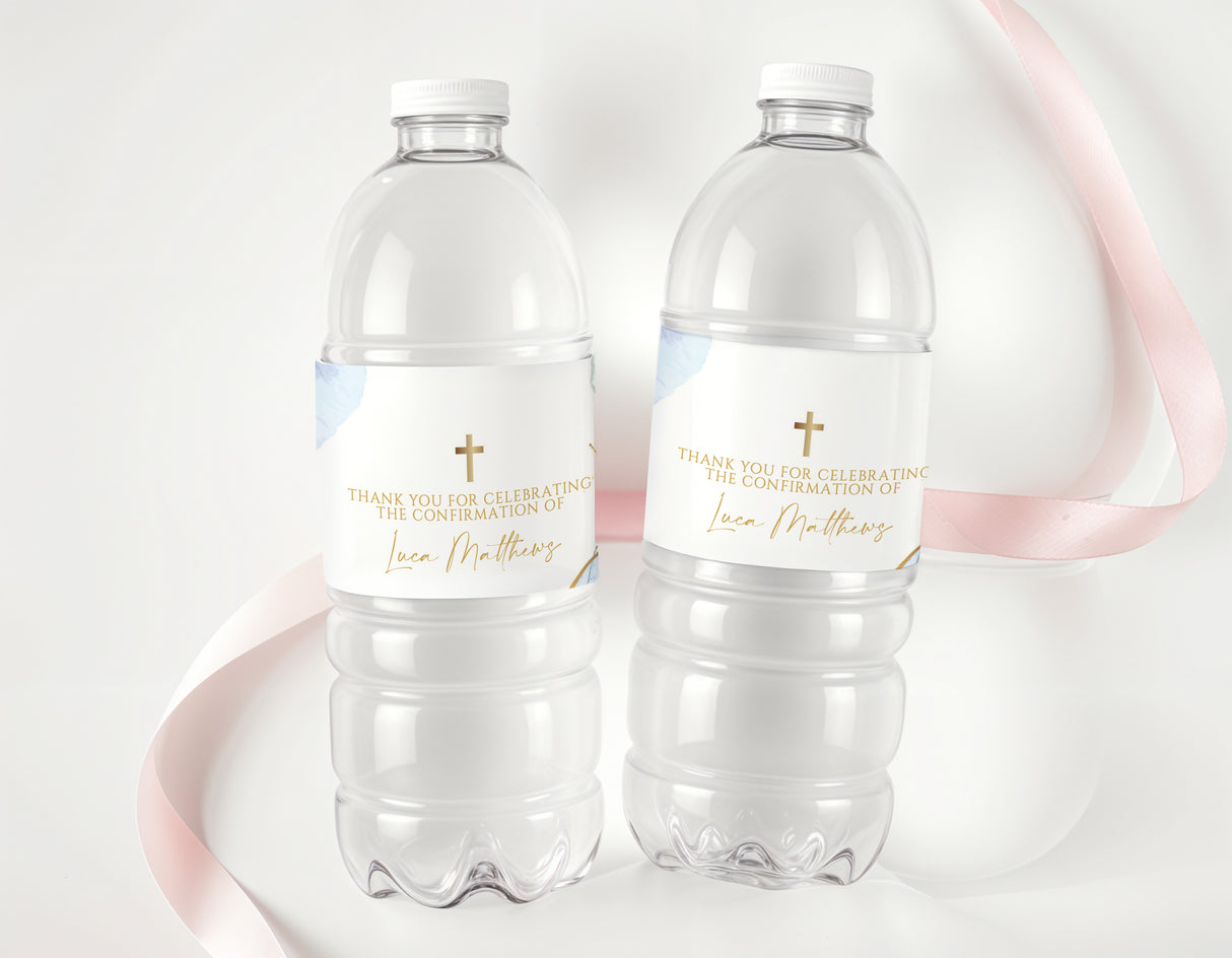 Personalised confirmation water bottle labels on clear plastic bottles with gold cross