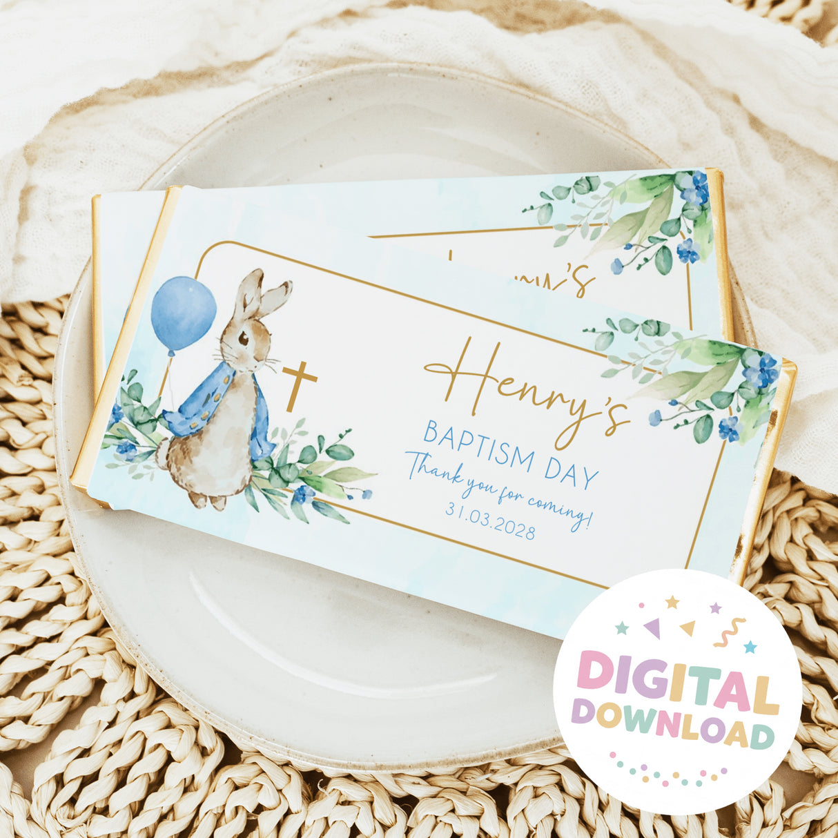 Peter Rabbit baptism chocolate bar wrapper with blue bunny, floral border, and text Henry's Baptism Day